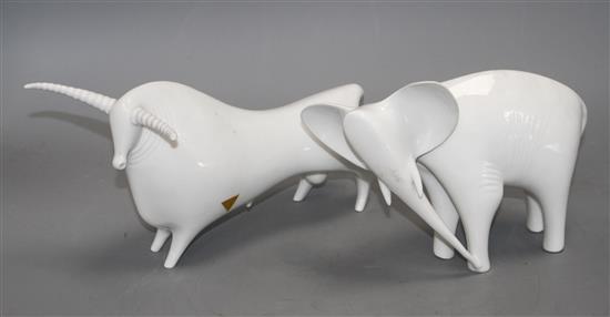 A Royal Dux white glazed bull and an elephant, L. 26 and 21cm